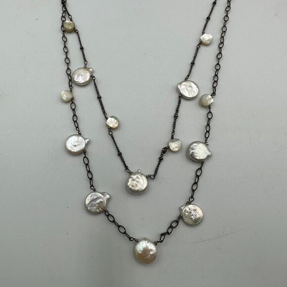 Athena Designs Coin Pearl Necklace Sterling Silver Freshwater Layered 18 Inch - Picture 4 of 12